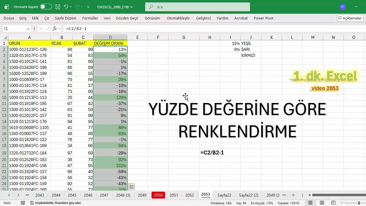 Excel 1 Dakika - YÜZDE DEĞERLERİNE GÖRE RENKLENDİRME