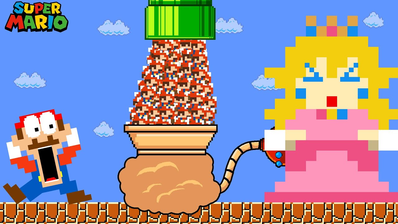 Super Mario Bros. but Mario and 999 Tiny Mario get INSIDE Giant Peach | Game Animation