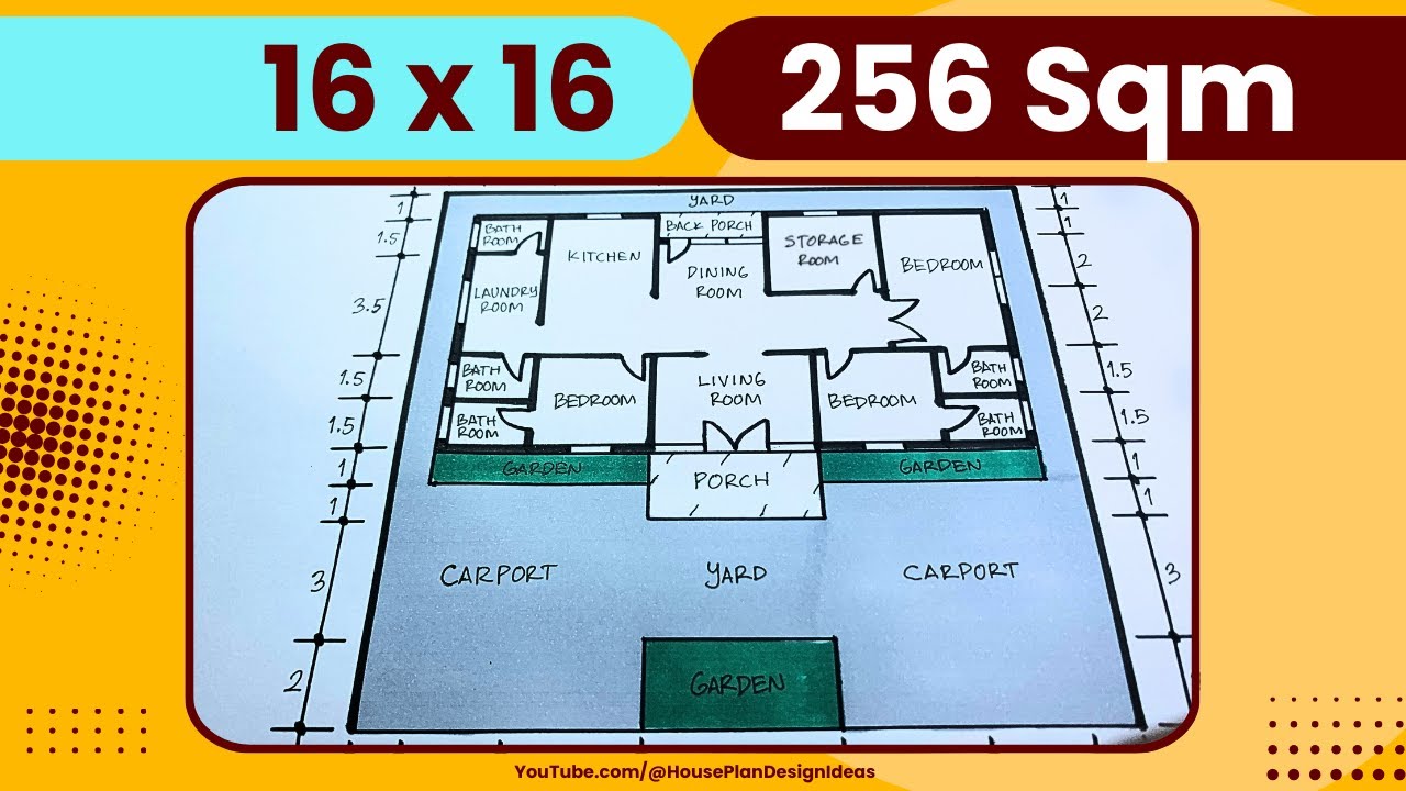 План дома 16x16 метров площадью 256 квадратных метров 3 спальни