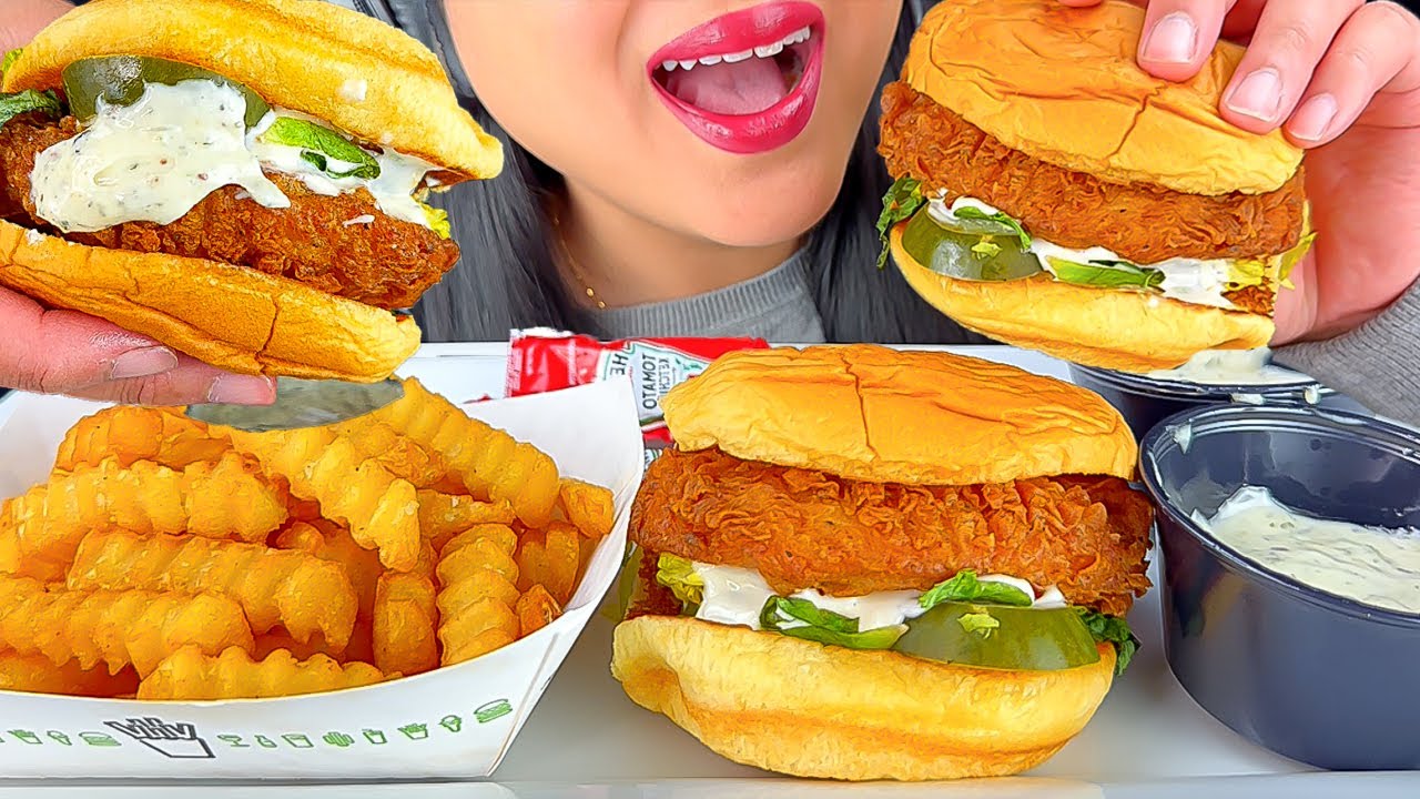 ASMR SHAKE SHACK CRISPY CHICKEN SANDWICH DIPPED IN HERB MAYO (BEST FAST FOOD CHICKEN BURGER?)
