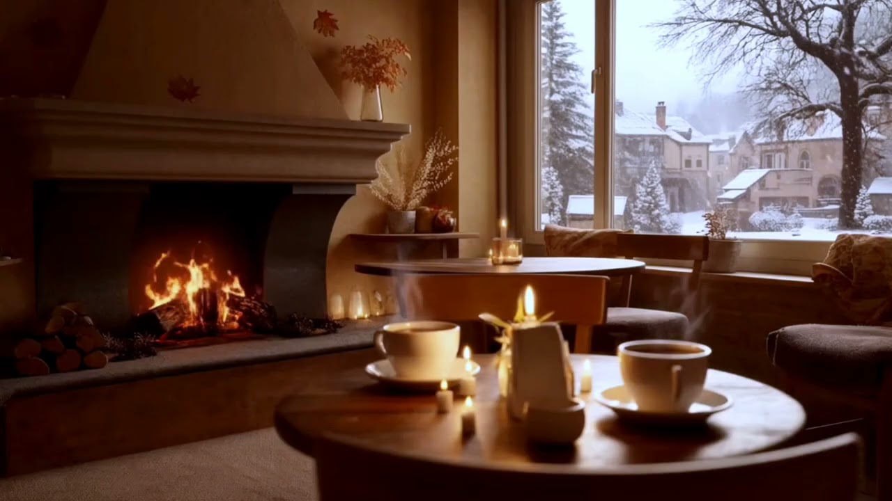 Warm Snowy Jazz Café ☕ Cozy Fireplace Ambience for Relaxing & Study