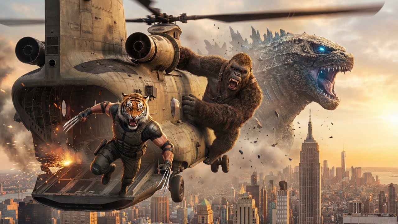 Godzilla & King Kong vs Tiger Man | Epic Helicopter Fight Scene!
