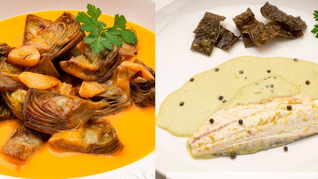 ALCACHOFAS con crema de calabaza - LUBINA a la pimienta verde - Cocina Abierta de Karlos Arguiñano