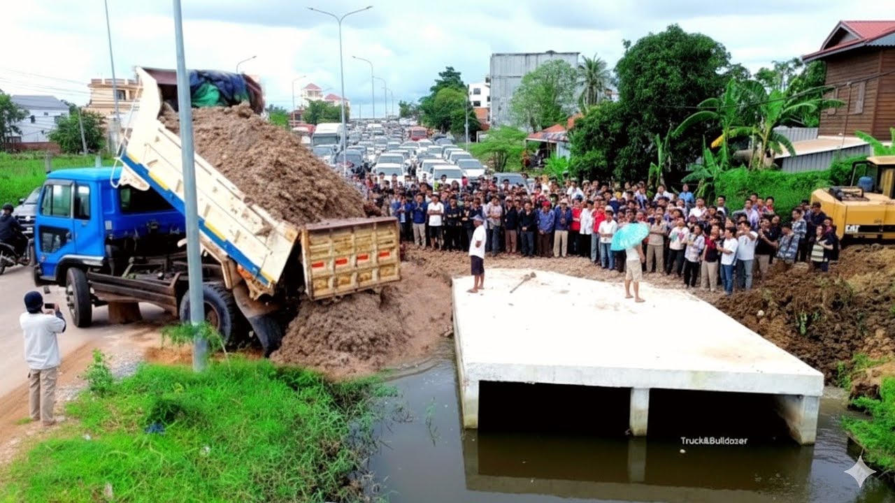 Nice Video Project! Complete Big Drainage Across Water Go Home By Dump Truck Unloading And Excavator