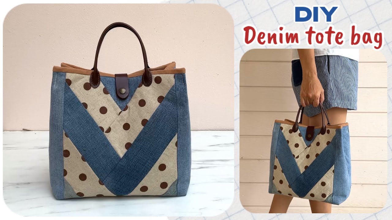 Diy denim patchwork tote bag tutorial , how to make denim tote bag ideas , denim handbag patterns.