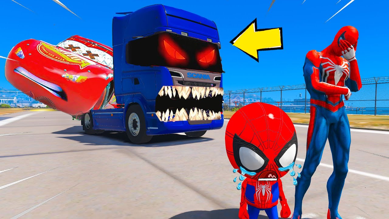 HOMEM ARANHA TENTOU SALVAR O MCQUEEN, MAS O CAMINHÃO DO MAL RAPTOU ELE NO GTA 5!!🕷️