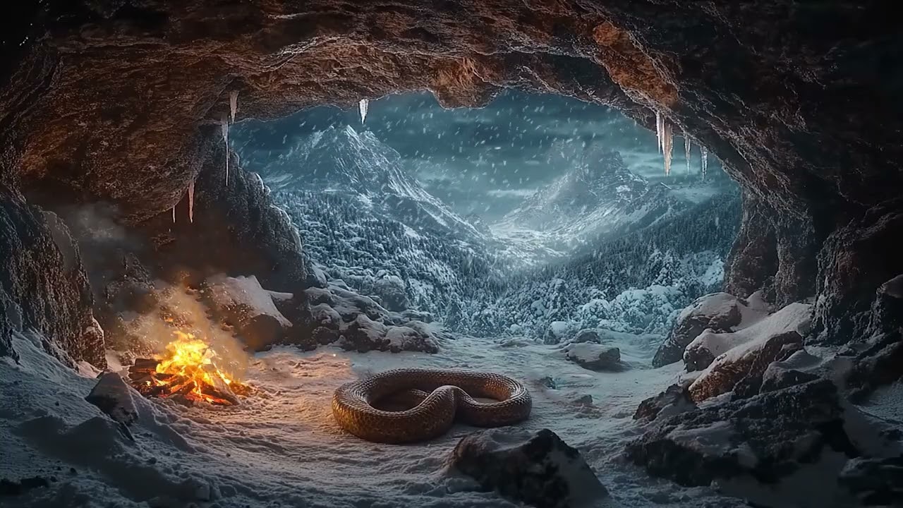 Wind and Snow Passing the Cave Entrance | A Firelit Winter Refuge