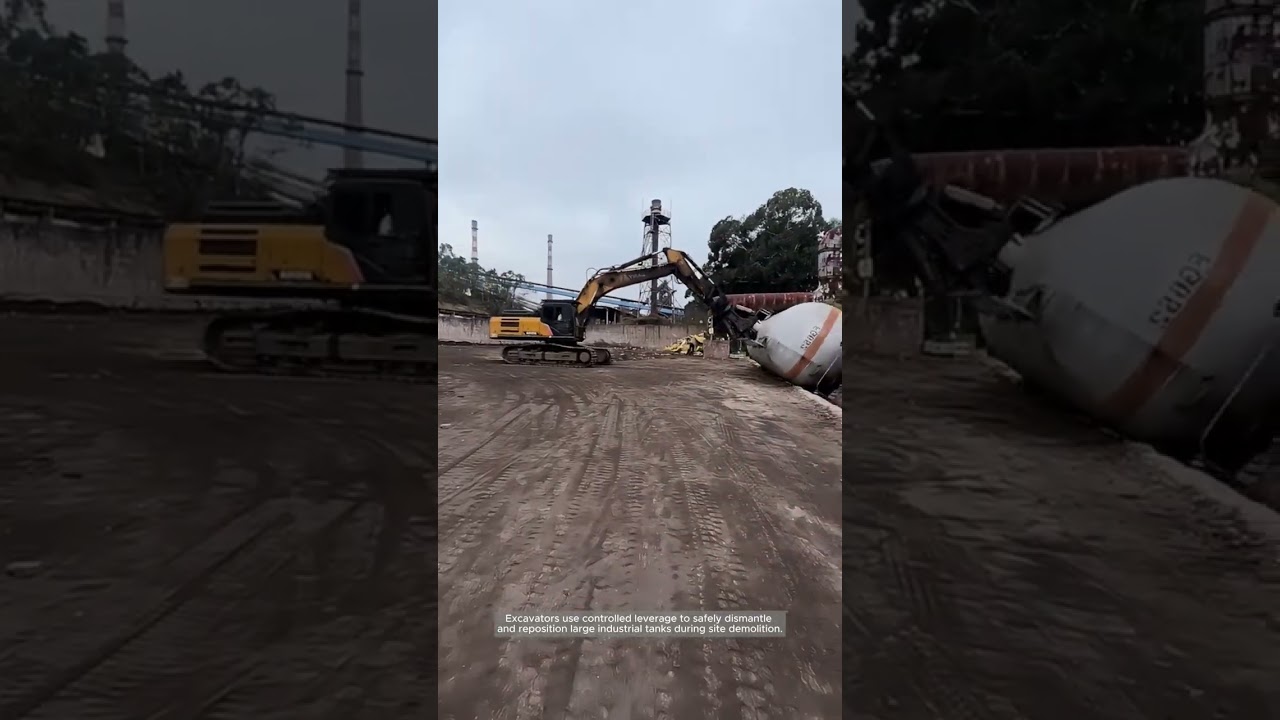 Excavator Topples an Old Industrial Storage Tank