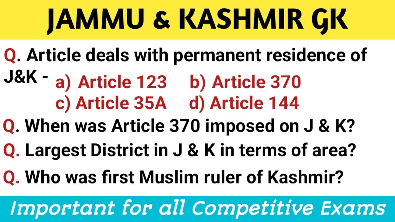 Jammu & Kashmir GK| Jammu Kashmir aur Ladakh  | Jammu & Kashmir imp questions and answers| J&K MCQ