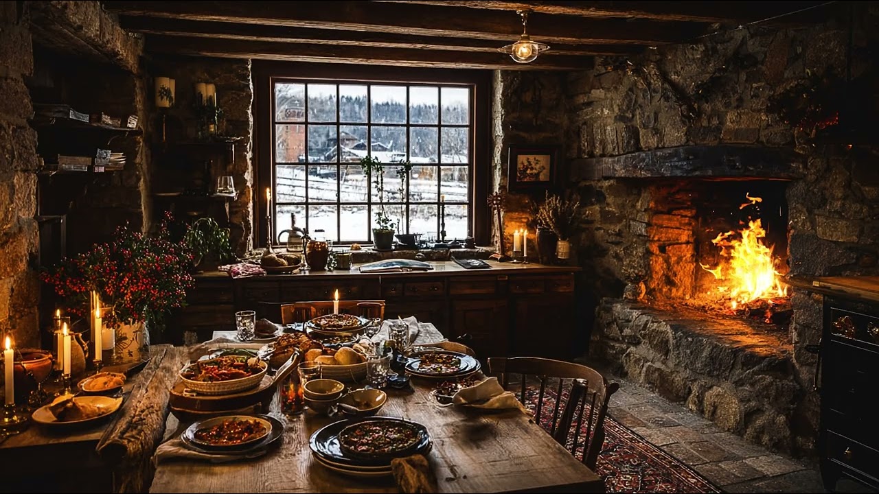 Rustic Kitchen Ambience – Cozy Fireplace, Gentle Snowfall & ASMR Sounds