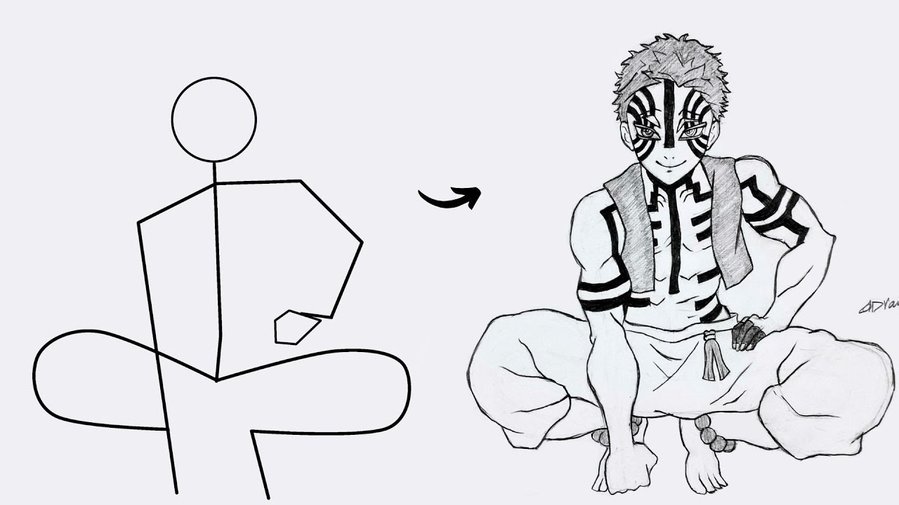 How to draw Akaza full body out of stickman | Easy step-by-step | Demon Slayer
