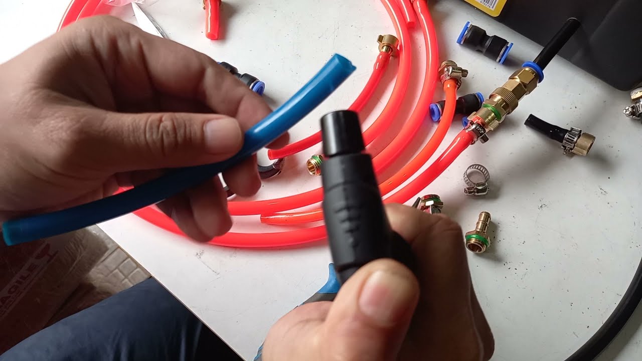 Cara sambung Selang output pompa Box Produk Tukura dan Pasang Swivel ke selang PU dan  Kompressor