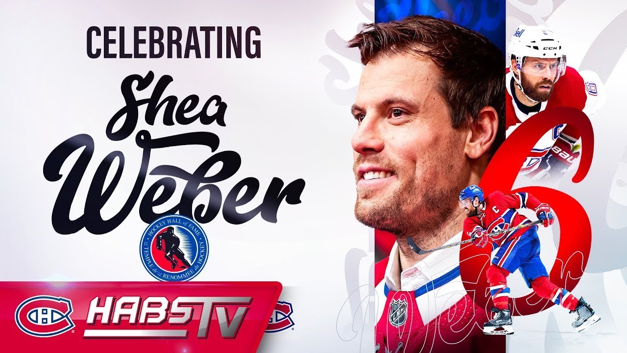 Shea Weber watches his tribute video at the Bell Centre