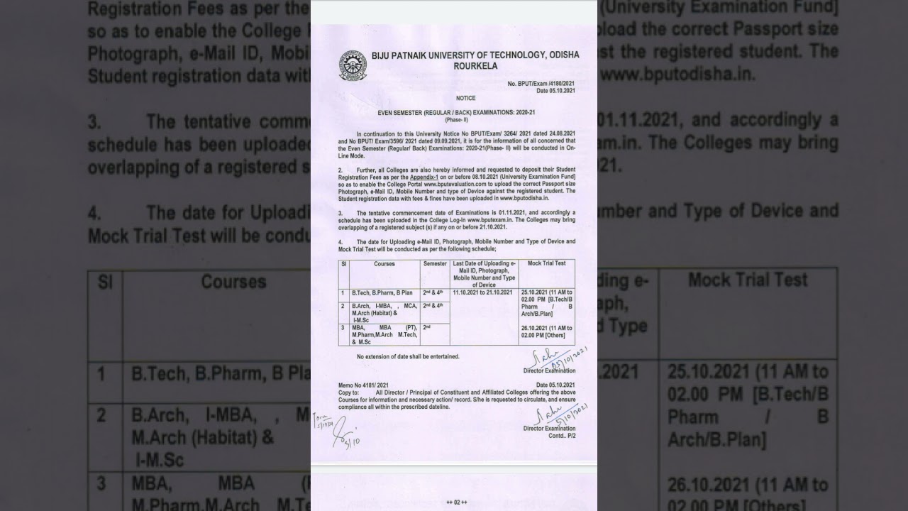 BPUT Latest notice Even semester (Regular/Back) Examinations 2020-21(Phase-ll)