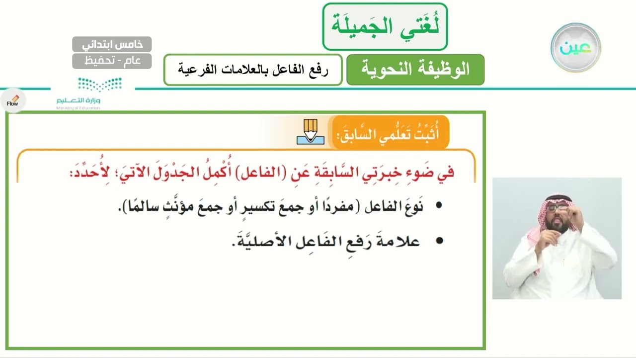 ( رفع الفاعل بالعلامات الفرعية )1 - لغتي الجميلة - خامس ابتدائي