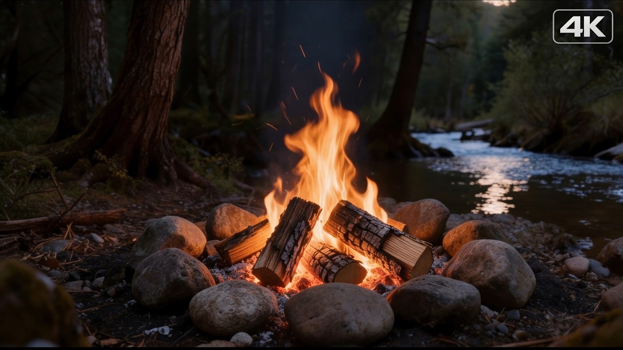 Deep Forest Night ✨ Crackling Fireplace by the River | Pure Nature ASMR