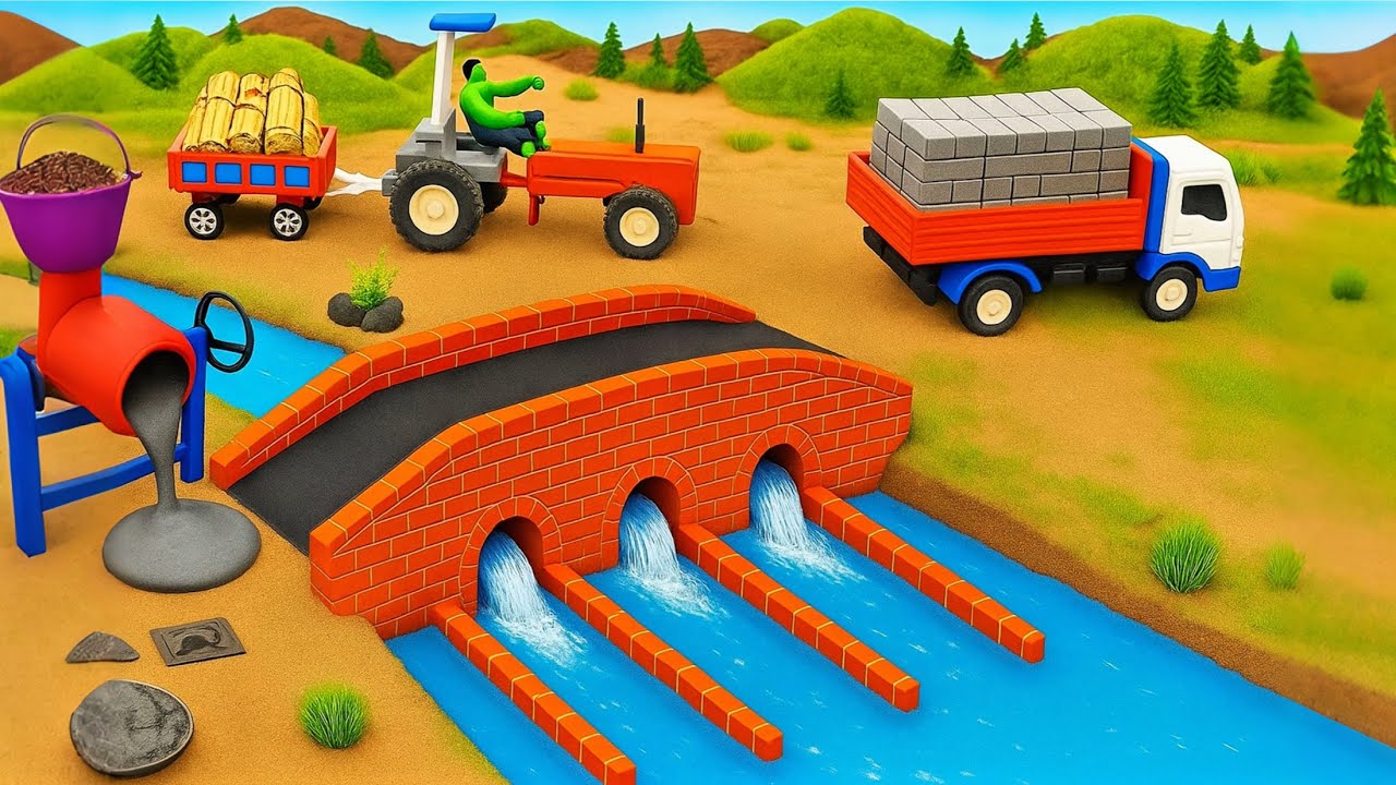 DIY Mini Truck Builds Brick & Metal Railing Bridge | Fun Construction Science Project