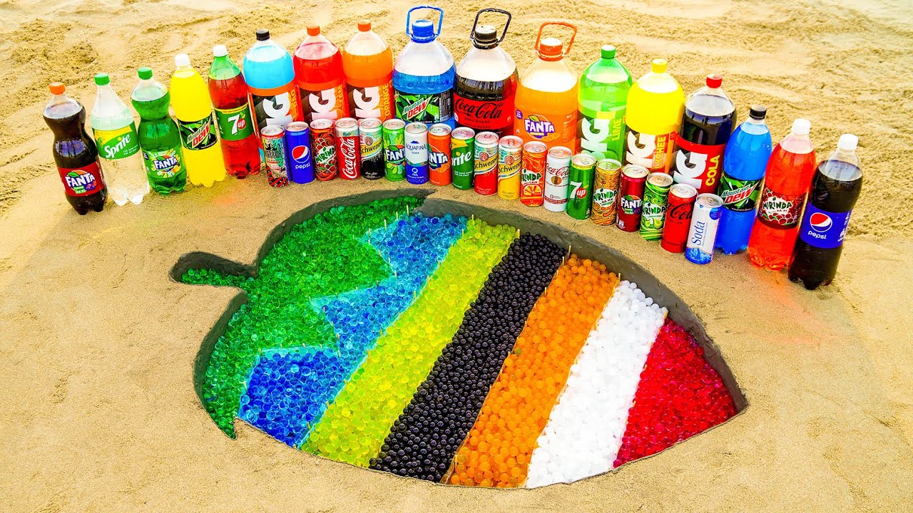 EXPERIMENT: How to make Rainbow Strawberry with Orbeez from Big Coca Cola, Fanta, Mtn Dew vs Mentos