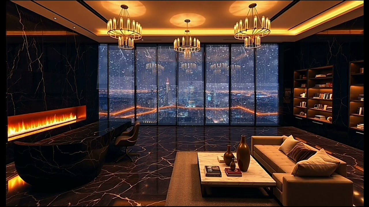 Golden Penthouse Lounge — 3 Hours (No Music) | Rainy Night + Cozy Fireplace | Sleep, Study, ASMR