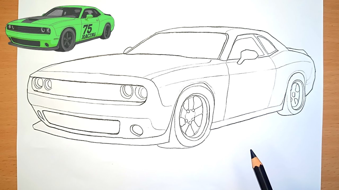 DODGE CHALLENGER Car Drawing Tutorial | Classic American Muscle Car Art 🔥