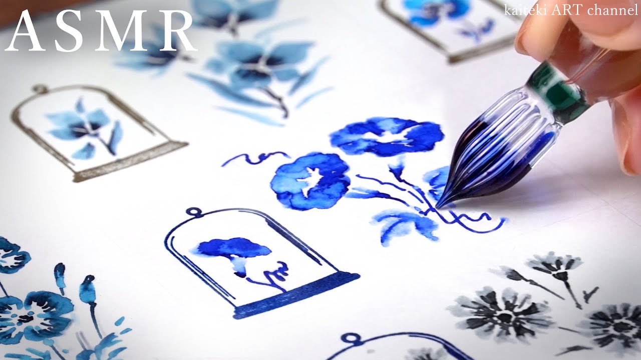 【ASMR】ガラスペンと青系インクとセリアのスタンプでお花イラストを描く🎧SOUND and DRAWING by a beautiful glass dip pen and BLUE inks💙