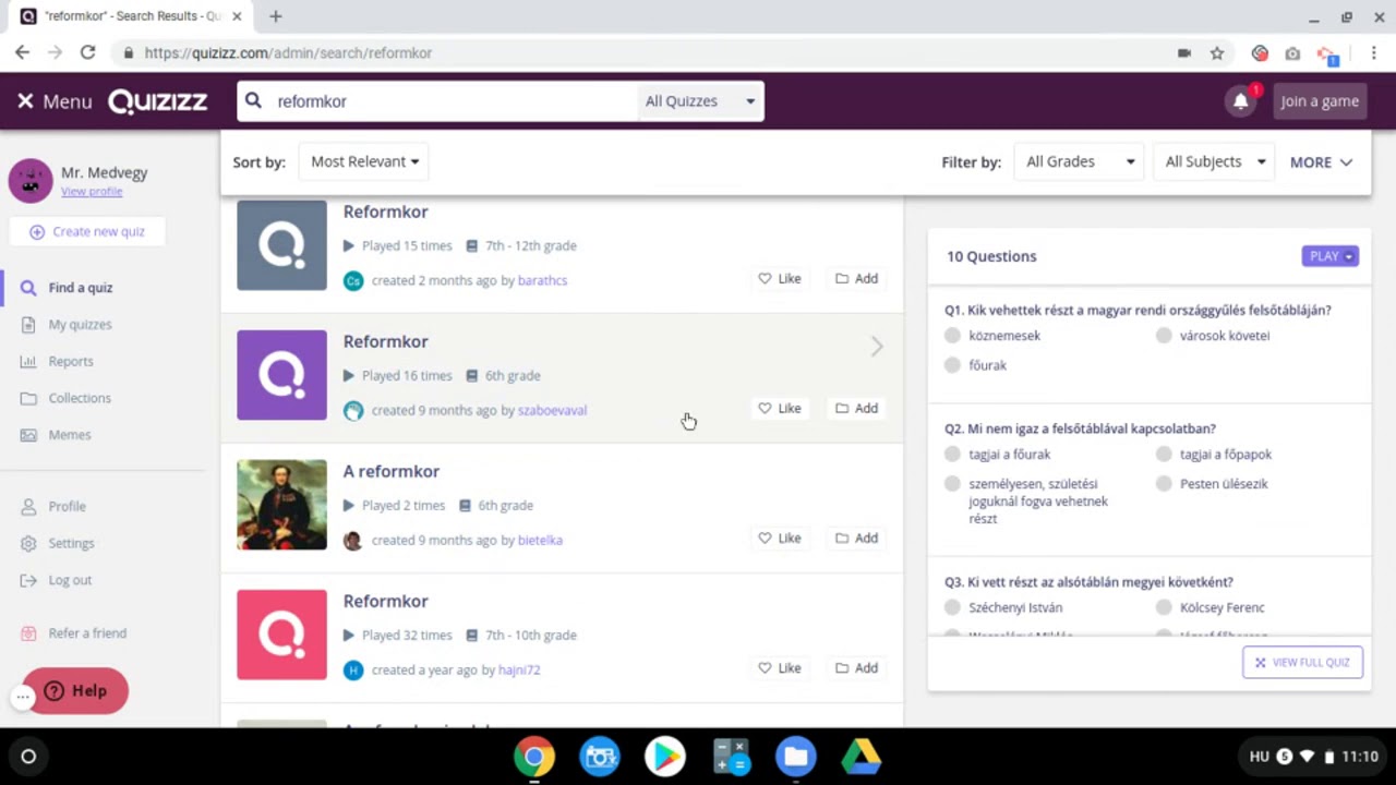 Quizizz - regisztráció és a felület