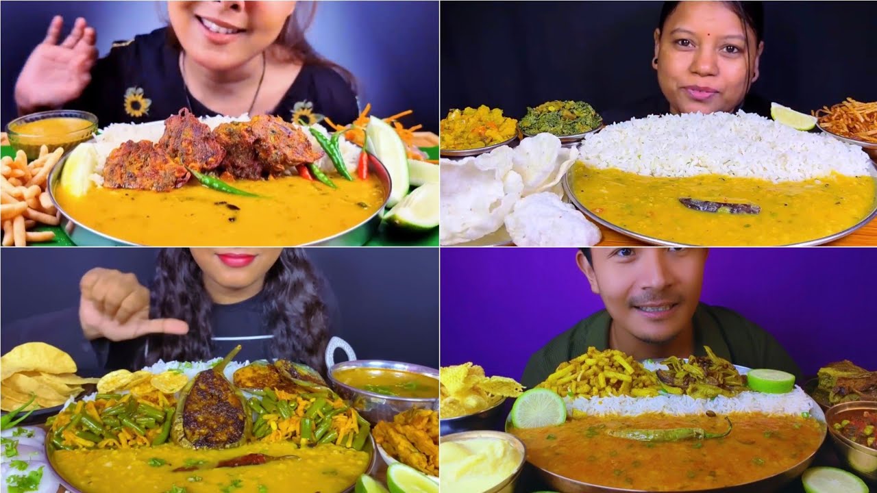 Asmr Eating Dal Chawal (ডাল ভাত)🔥Spicy Aloo Tikia Peyajkali Bhaja Saag Bhaja Begun Bhaja Green 🌶 👌😋