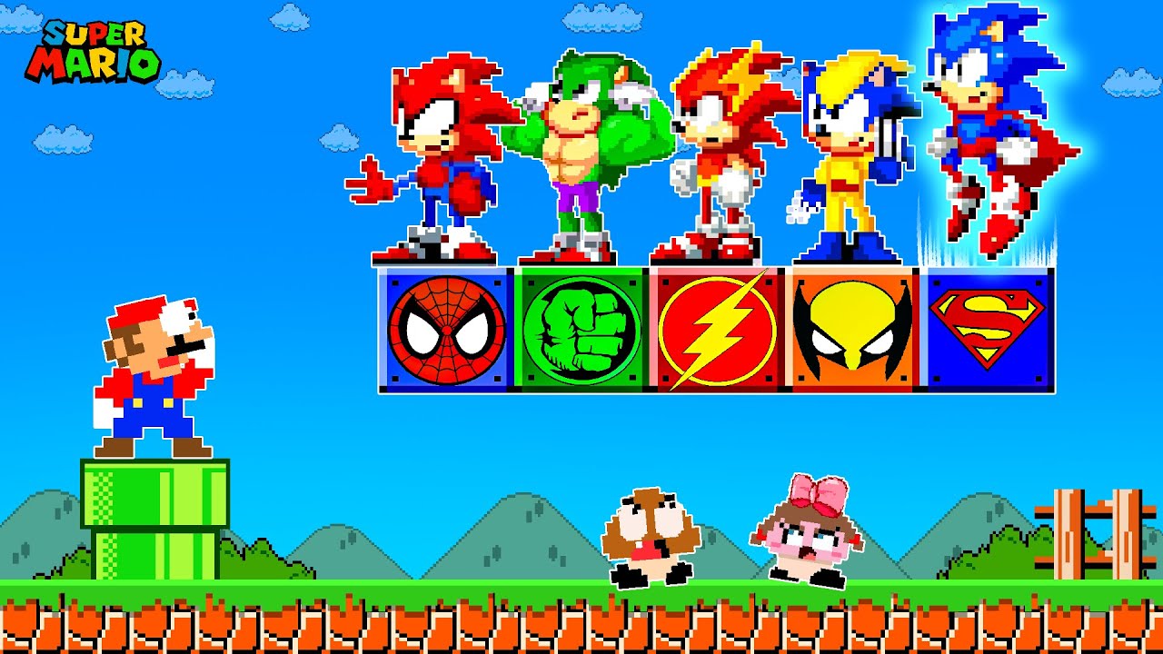 Super Mario Bros. Но есть ещё больше пользовательских блоков SUPERHERO. Все персонажи Sonic.