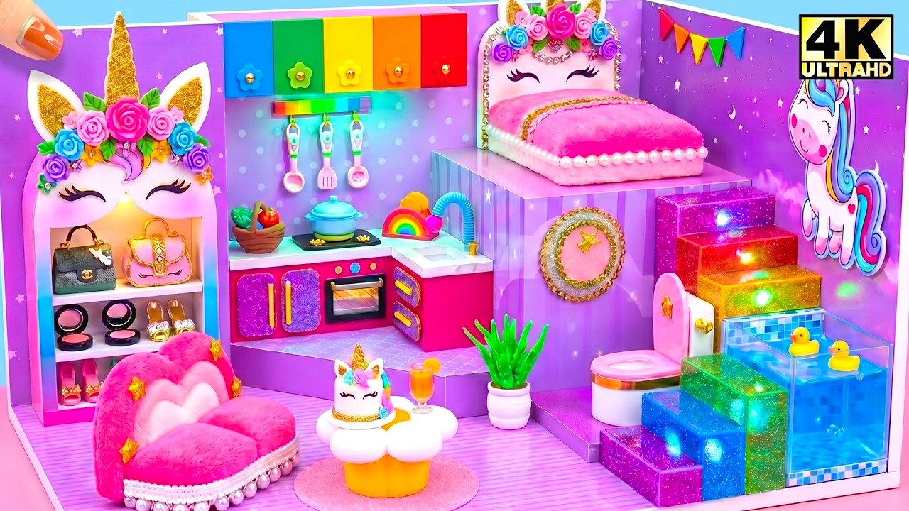 Build Magical Unicorn Purple Miniature House with Dream Bedroom & Rainbow Stairs 🦄 Cardboard DIY
