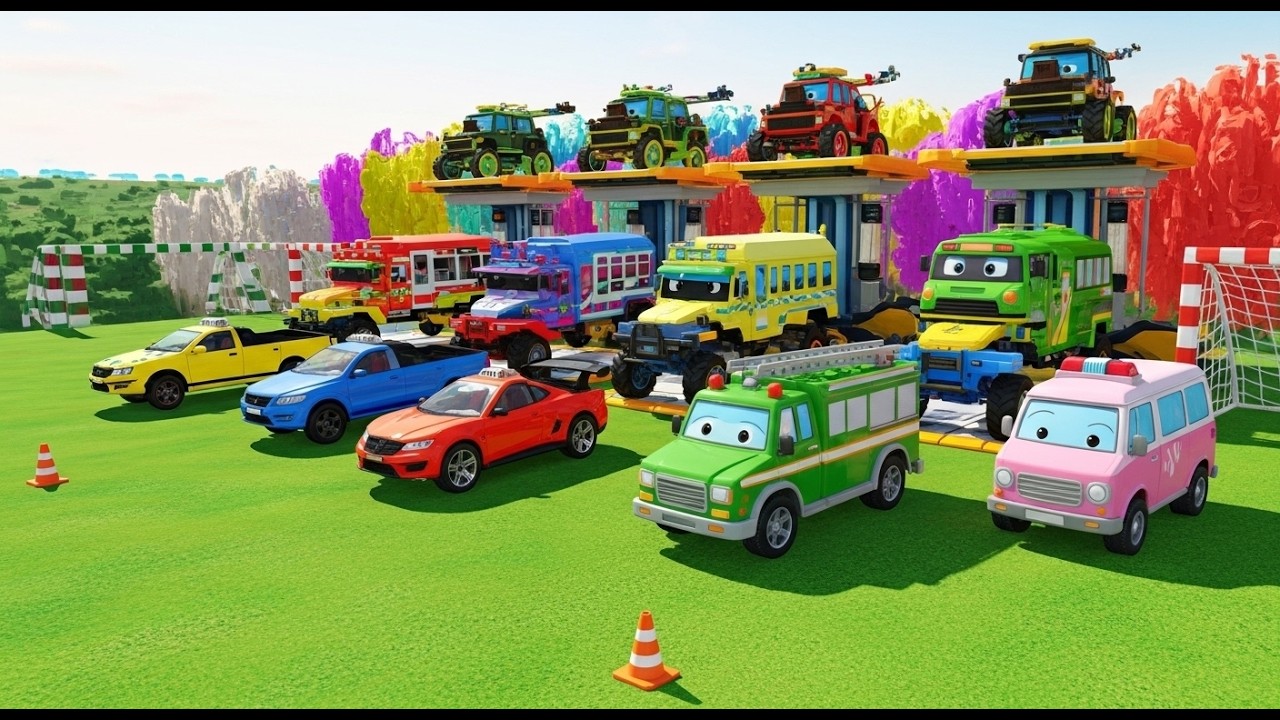 Garage with Colors 🚛 | ALL EMERGENCY POLICE VEHICLES on DOUBLE FLATBED TRANSPORT