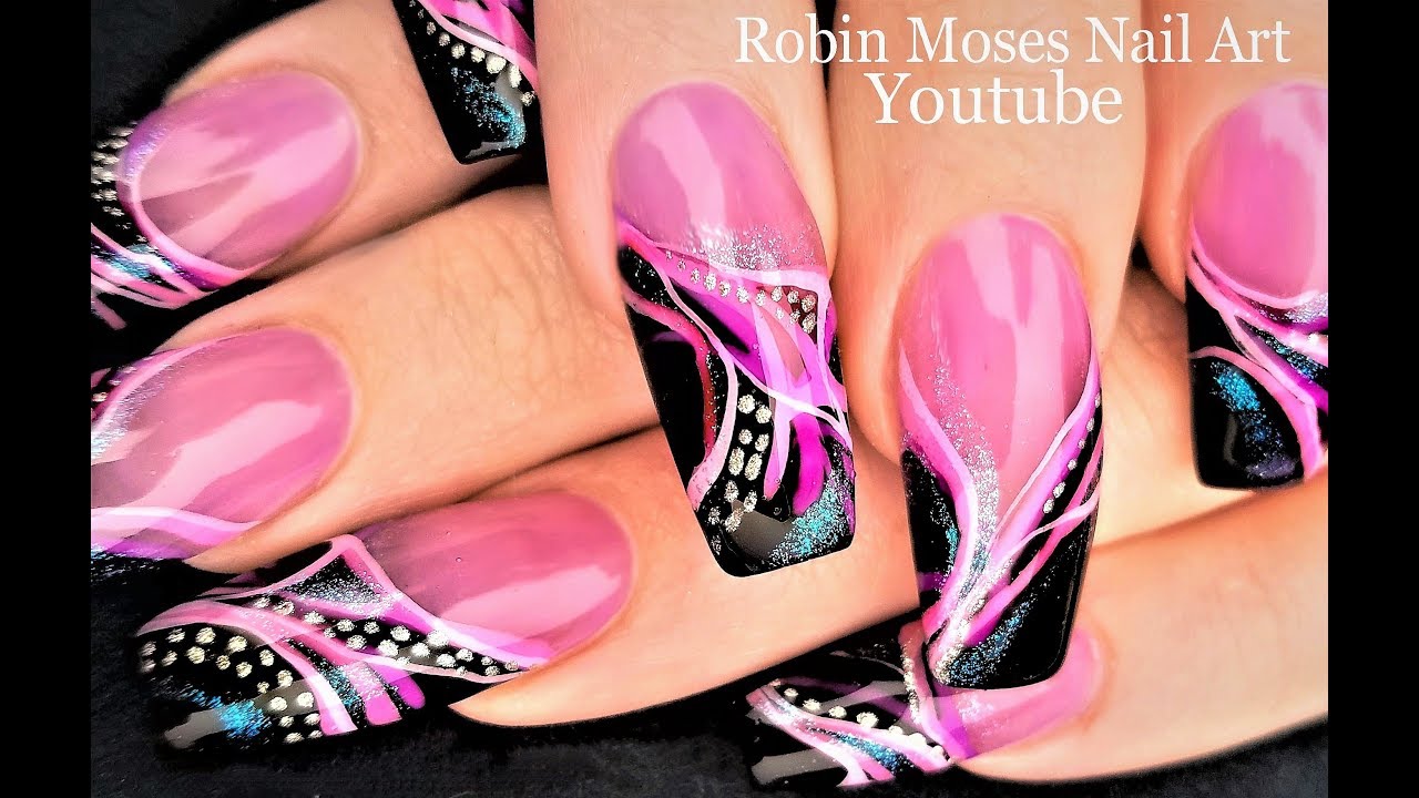 Pink and Black Long Nail Art Design | Fuchsia Stripes Nails