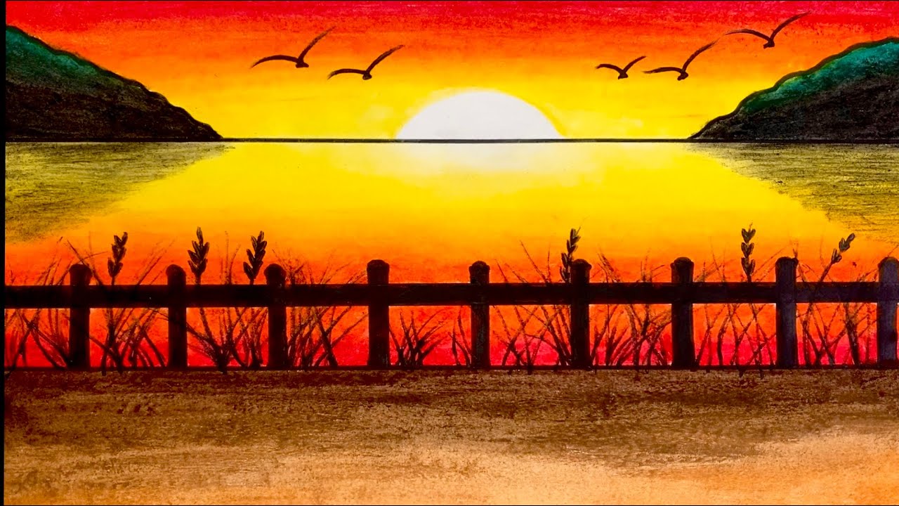 Easy Scenery Drawing | How to Draw a Beautiful Beach Sunset Using Oil Pastel