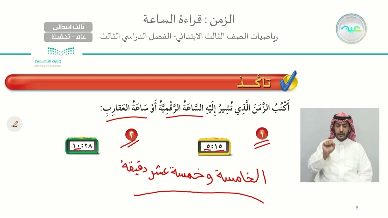 الزمن قراءة الساعة - الرياضيات - ثالث ابتدائي