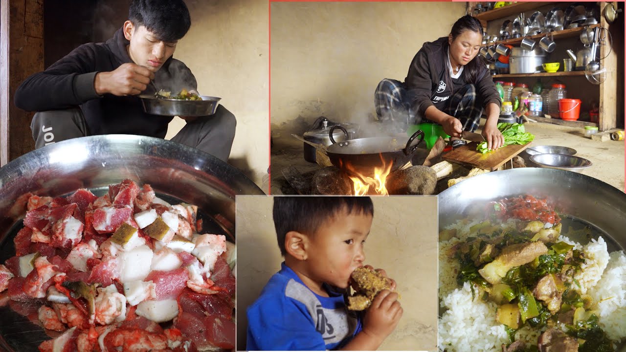 sanjip jina cook pork curry and rice for their lunch in the village house || a village family lunch