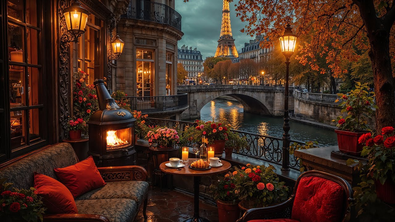 Paris Balcony Autumn Café Jazz Night ☕ Cozy Jazz Music with Eiffel Tower View for Study & Focus