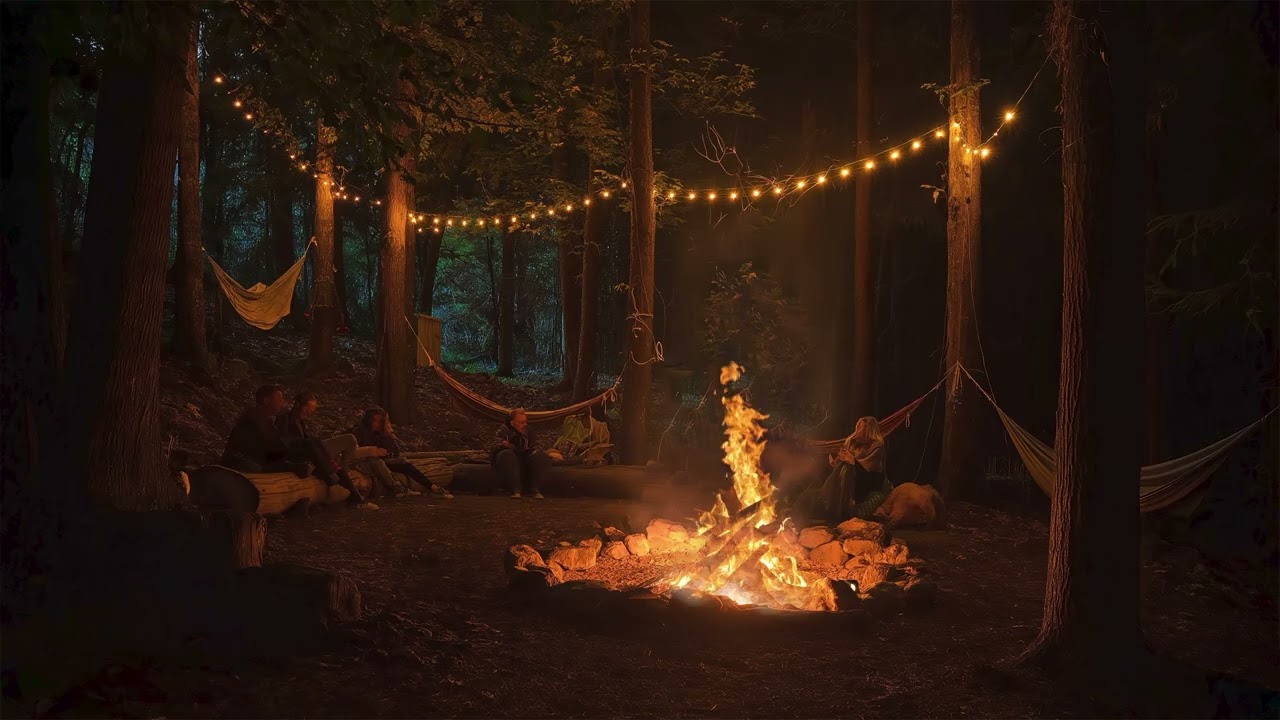 🏕️ Cozy Forest Campfire at Night | Fairy Lights & Crackling Fire Ambience for Deep Sleep (10 Hours)