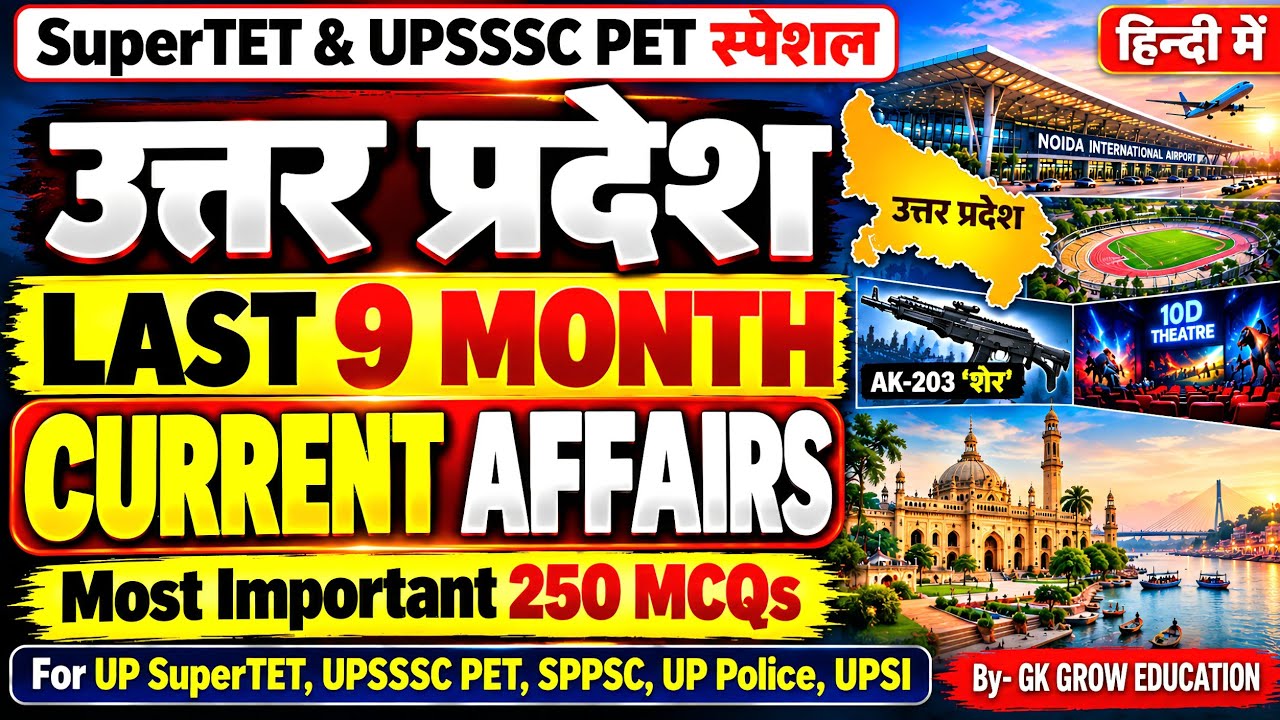 उत्तर प्रदेश करेंट अफेयर्स 2026 | UP Last 9 Month Current Affairs | UPSSSC PET, SuperTET, UPPSC UPSI