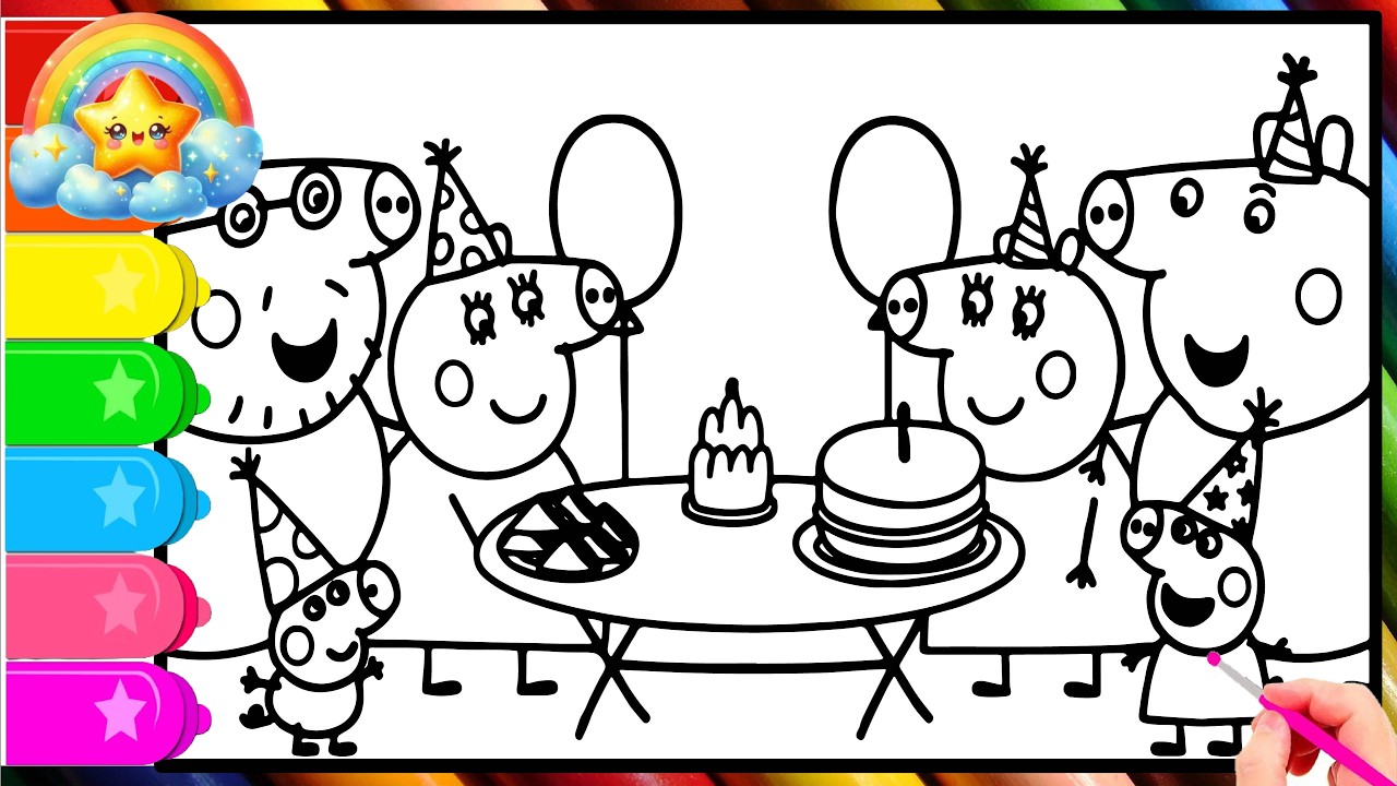 Peppa Pig Celebrate a birthday paty with her family at home || Learn to color Peppa Pig