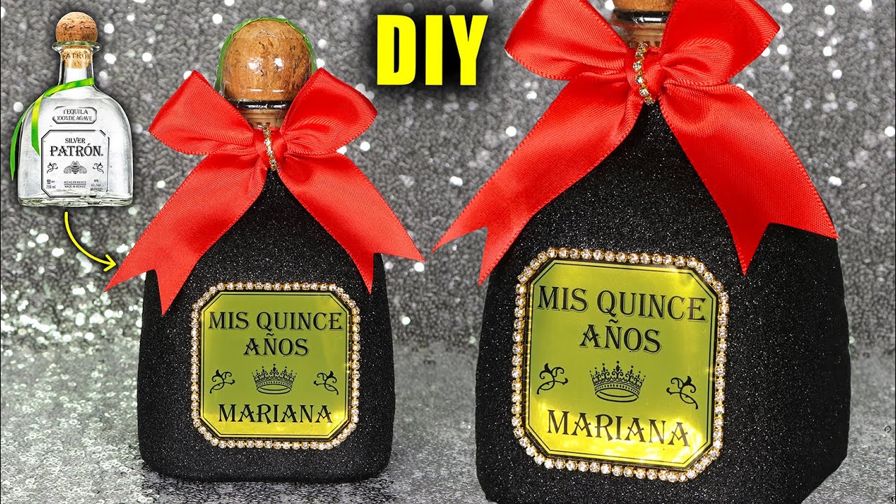 HOW TO MAKE GLITTER PATRON BOTTLES WITH CUSTOM LABELS & RHINESTONES || Lucykiins