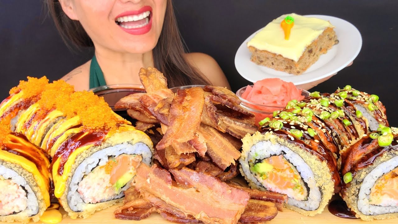 CRAVINGS!  FRIED SUSHI BACON CARROT CAKE ASMR MUKBANG OMAD CRUNCHY EATING NOISES BIG BITES SEAFOOD