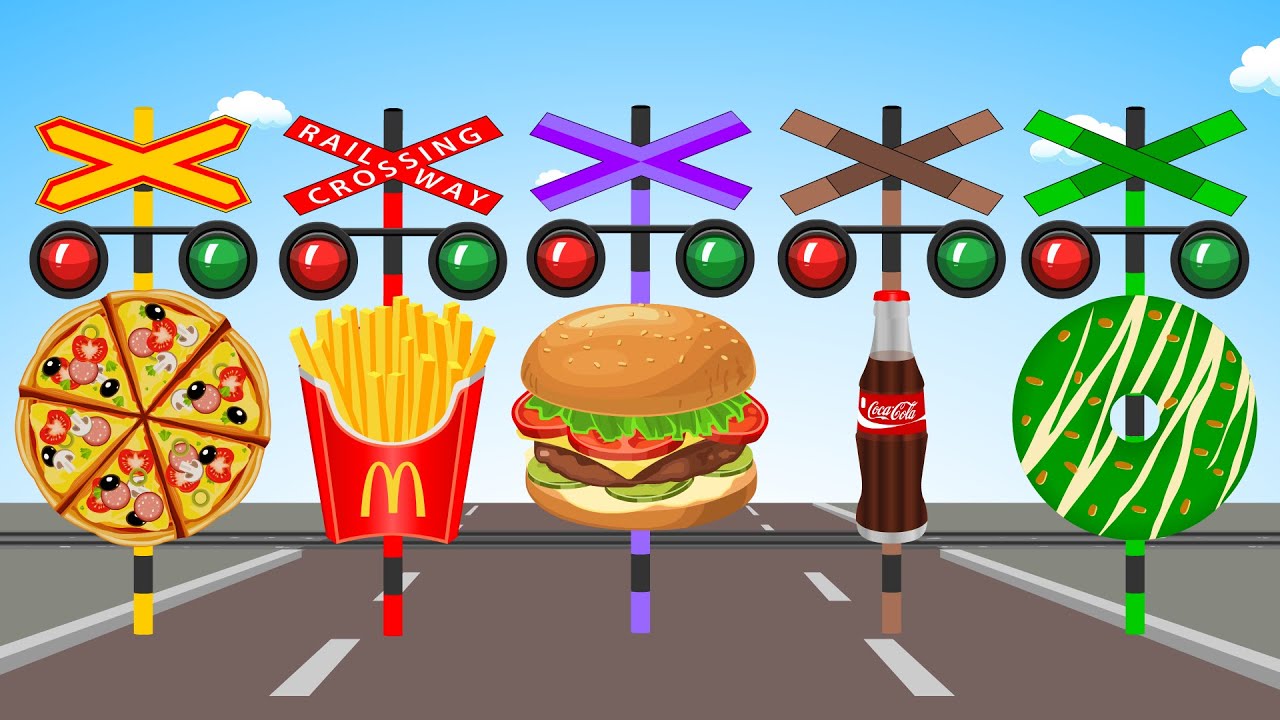 【踏切アニメ】フライドポテト！バーガー！コークス！ピザ！空想の踏切と電車！French fries! Burger! Coke! Pizza! Imaginary Railroad Crossings