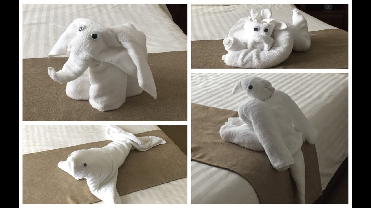 4 Ideas Folding Towel Animals- Cow, Parrot, Elephant and Seal-origami tutorial.