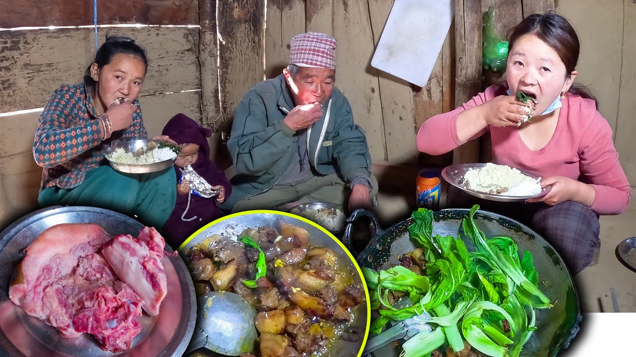 Pork & Green Mustard (RAYO) Recipe with rice Cooking & eating सुंगुरको मासु र रायोको साग संग भात