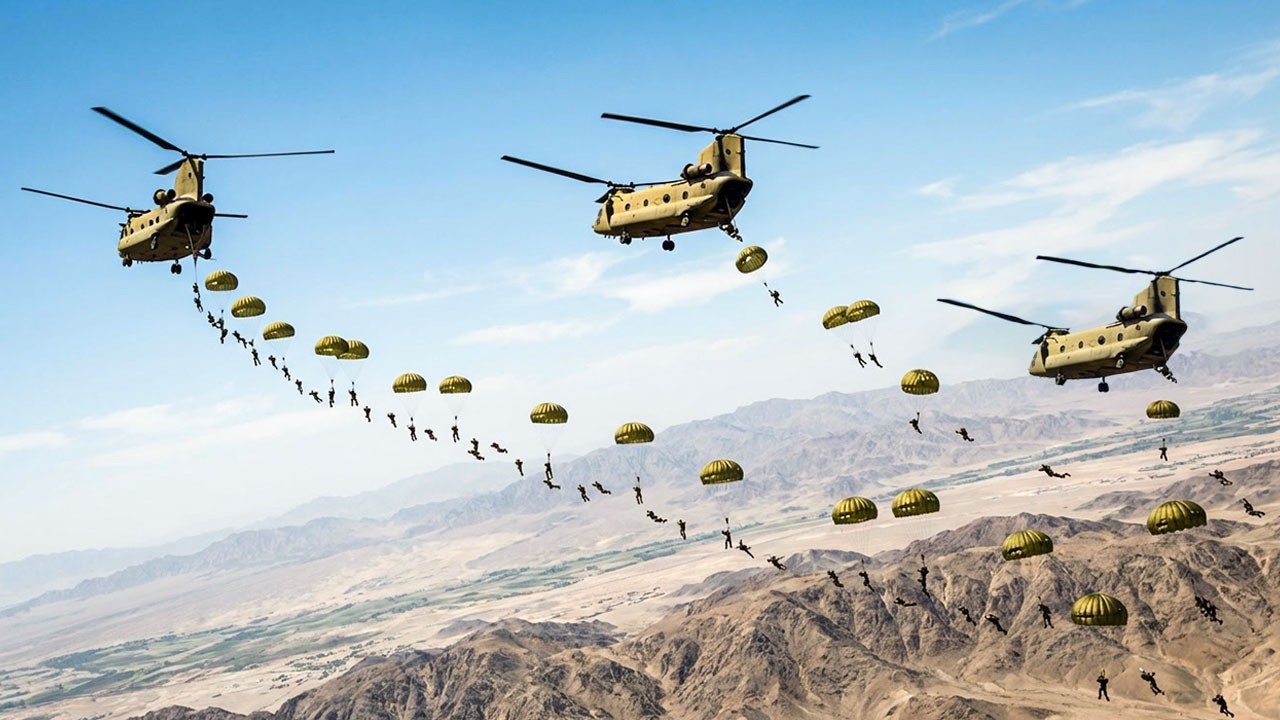 Elite US paratroopers free-fall into the Middle East from CH-47 Chinook helicopters