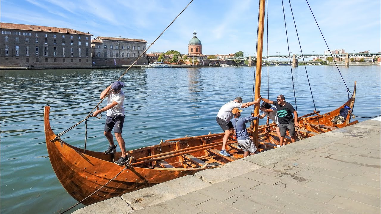 Rowing in a Viking Longship Replica Built by BÁTAR in the Garonne River, Toulouse, Southwest France