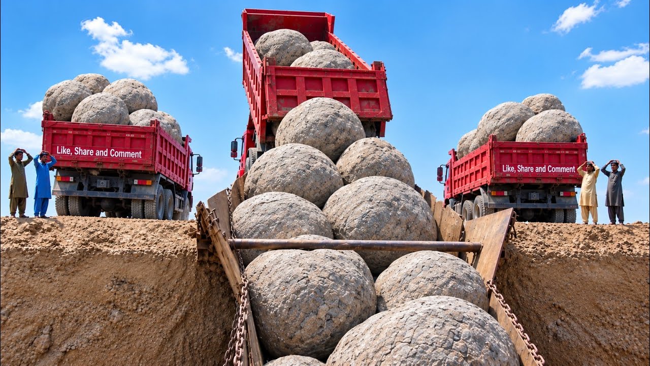 Giant Stone Balls 😱 | Huge Red Dump Trucks Unloading Massive Rocks!