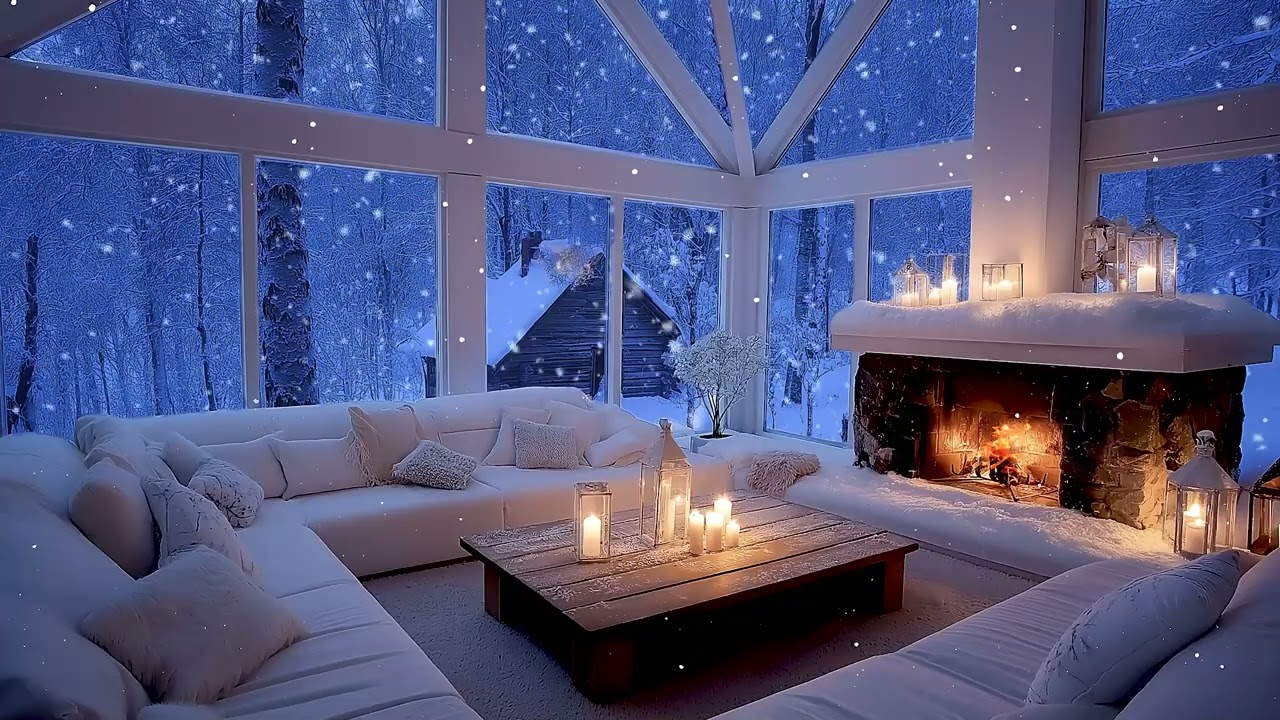 Perfect Study Background | Winter Piano White Room, Snowy Window and Cozy Fireplace Glow