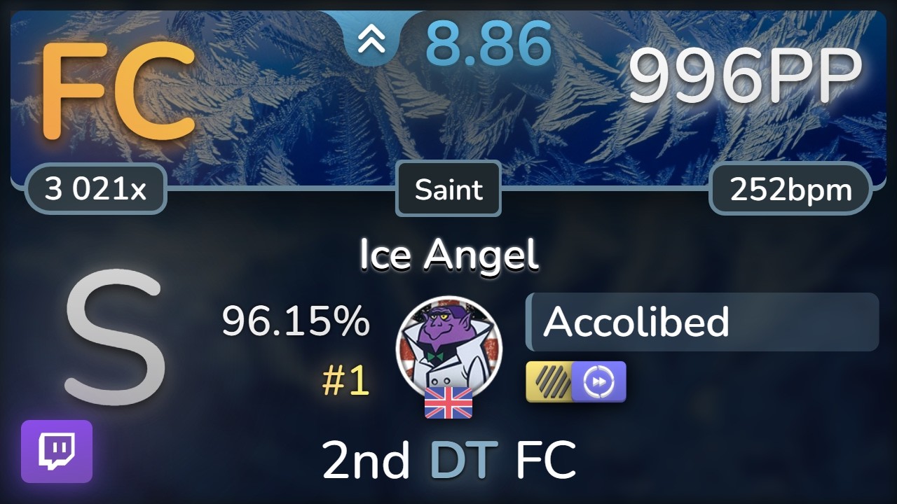 🔴 8.9⭐ Accolibed | Yooh - Ice Angel [Saint] +HDDT 96.15% FC #1 | 996pp - osu!