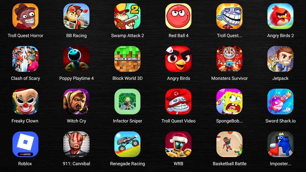 Roblox,Grumpy Gran,Slendrina The Cellar,Find the Alien 2,Poppy Playtime 5,Brain Puzzle 2,Squid Game