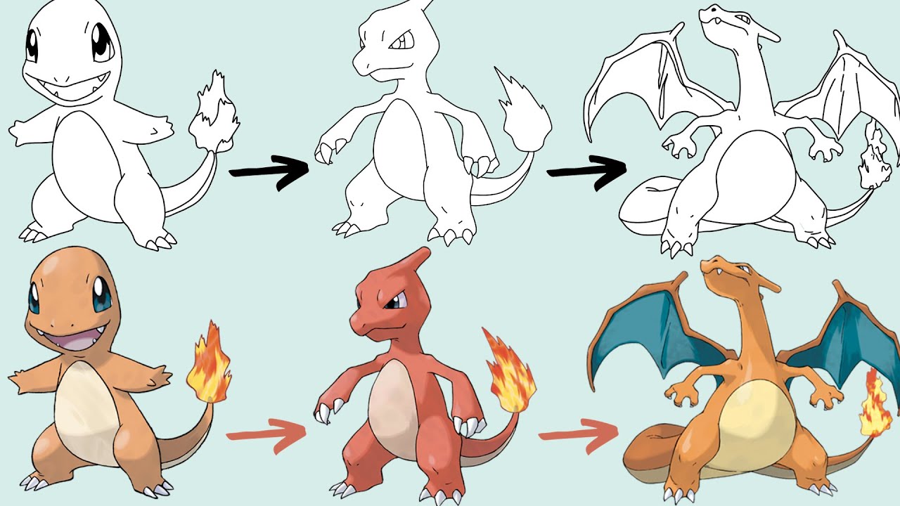 Como Desenhar FACILMENTE O POKÉMON CHARMANDER CHARMELEON and CHARIZARD ! | Pokemon Evolution